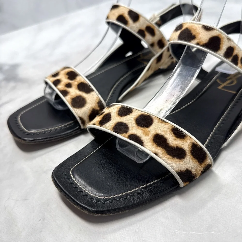 YSL Yves Saint Laurent Vintage Y2K Leopard Calf Hair Leather Flat Sandals Black